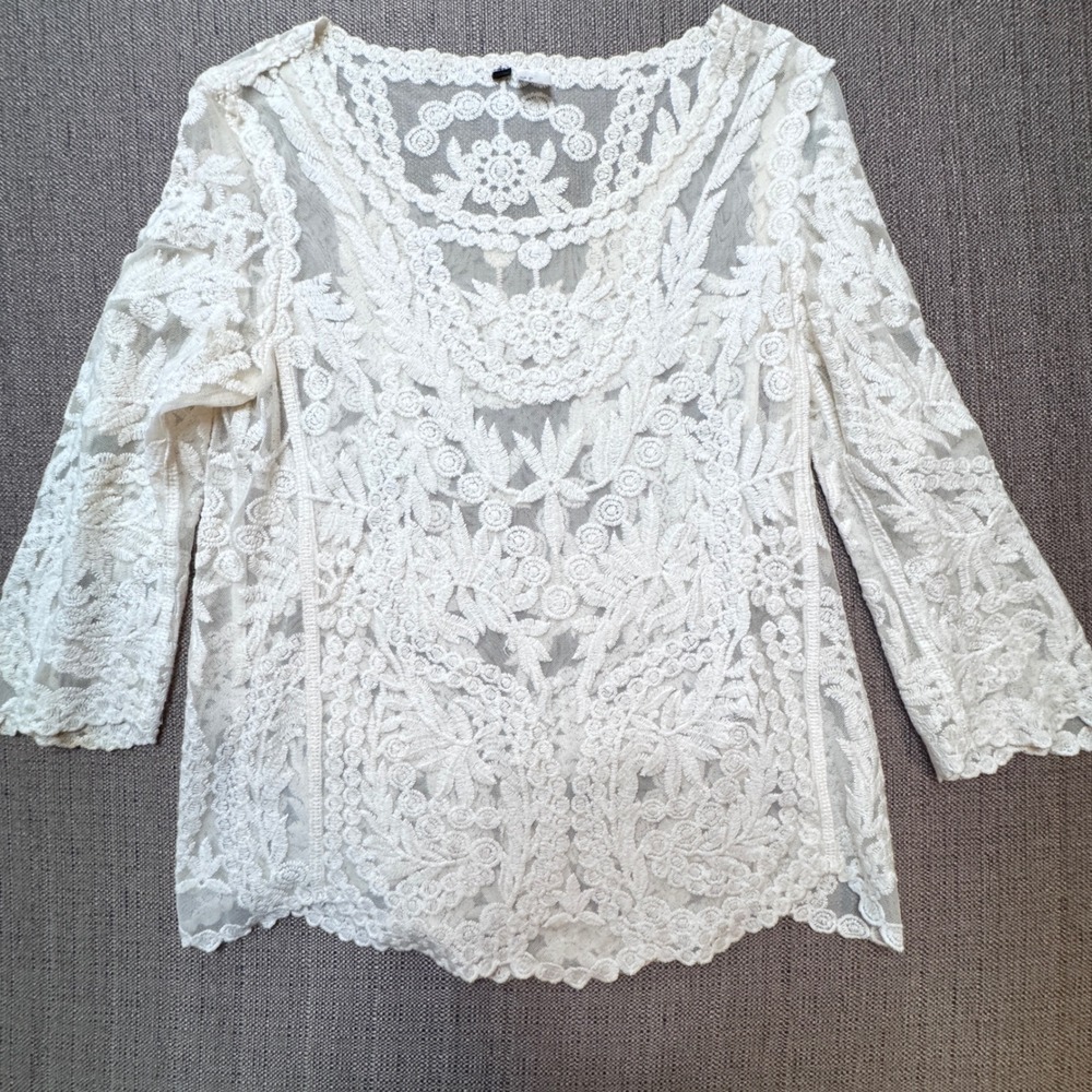 HM White Sheer Floral Lace Mesh Blouse 3/4 Sleeve Scoop Neck Top Size 8